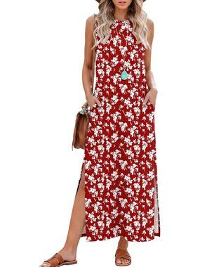 Women's Red White Summer Maxi Long Dress Sleeveless Side Slit Casual With Pocket
